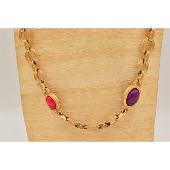 Monet for YSL Vintage Cabochon Necklace Purple Fuchsia Chunky Signed 1980s BinK - Picture 14 of 16